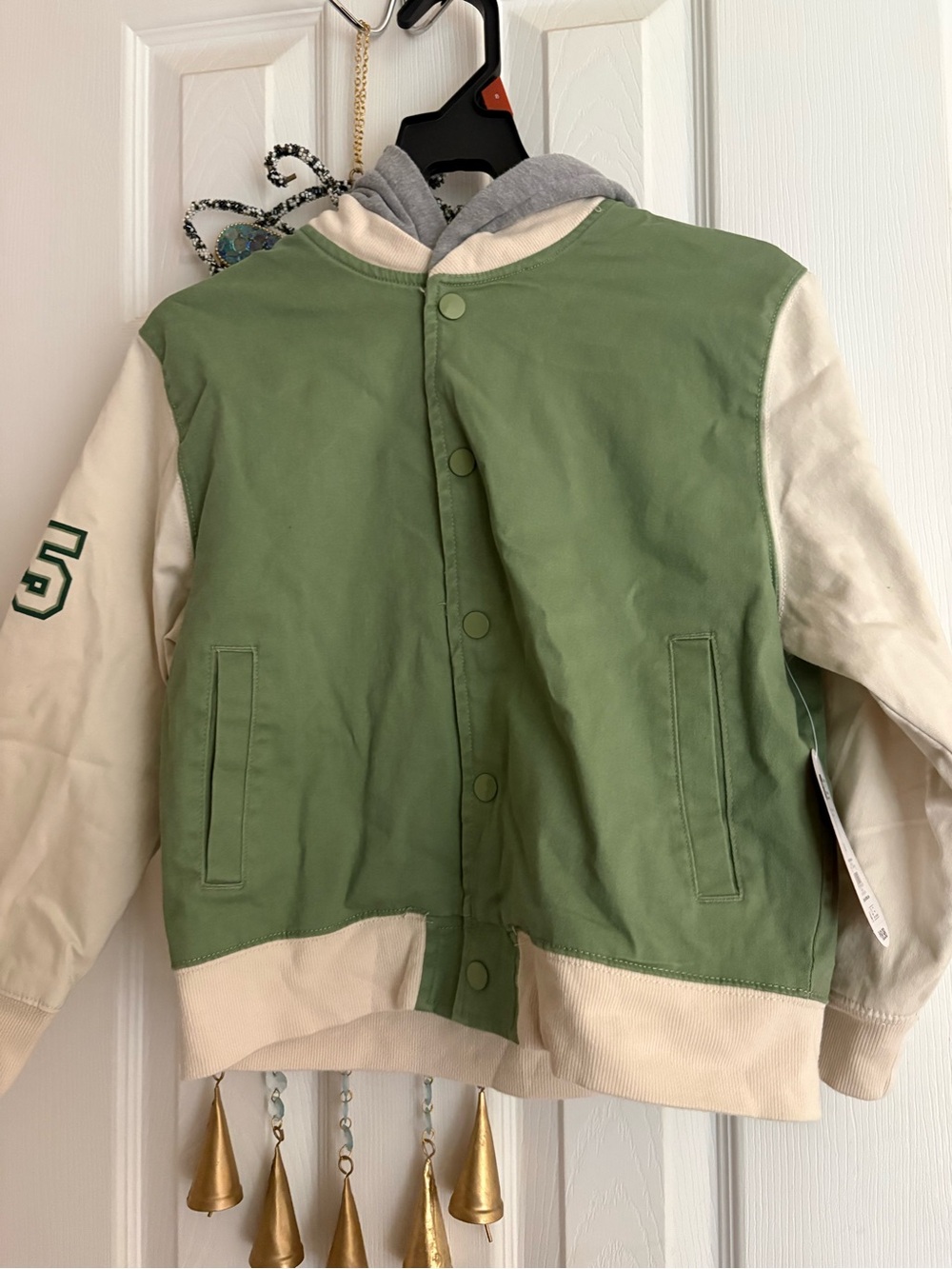 Green and Cream Hooded Baseball Jacket